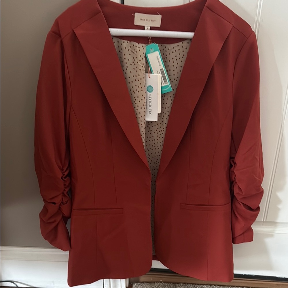 Burnt Orange Blazer with Ruched Sleeves